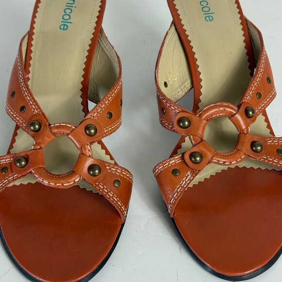 Nicole Rust Orange Sandals Sz 8.5 Leather High Heel Open Toe Cutouts Brass Studs - Picture 13 of 15